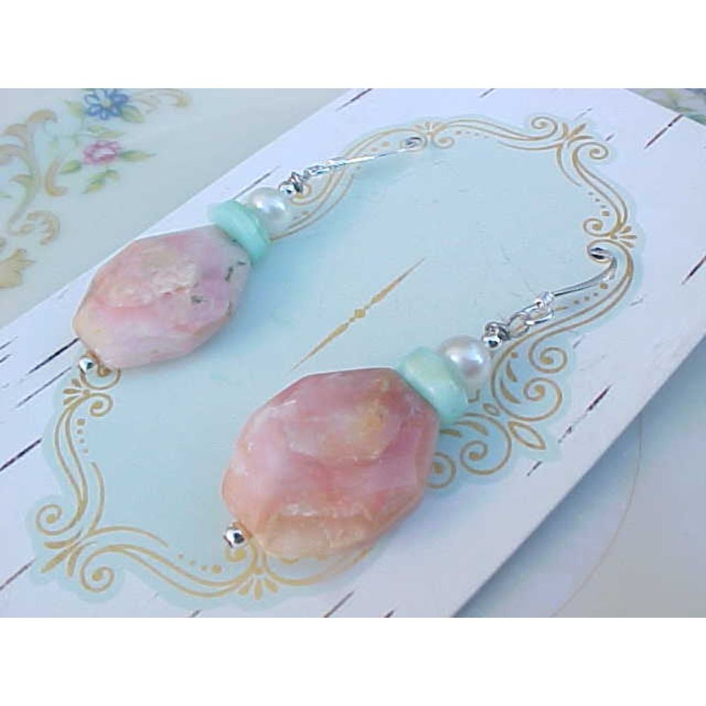 B2G1 Deluxe Genuine HUGE Pink & Blue Peruvian Opal Gemstone Earrings Artisan